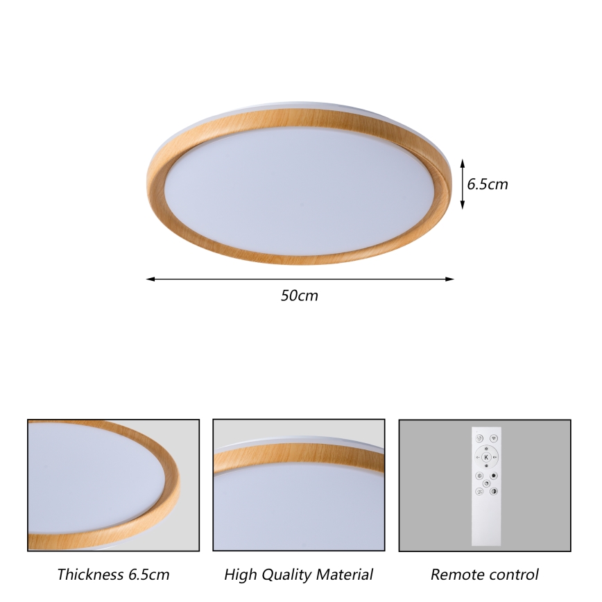 Brilagi - dimmbare LED-Deckenleuchte RIVO LED/72W/230V 3000–6000K Holzdekor Ø 50 cm + Fernbedienung