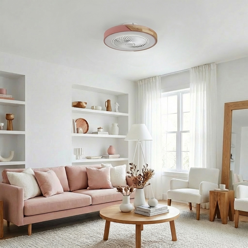 Brilagi - LED-dimmbare Deckenleuchte mit Ventilator LED/38W/230V 3000-6500K Ø 50 cm rosa/Eiche + Fernbedienung