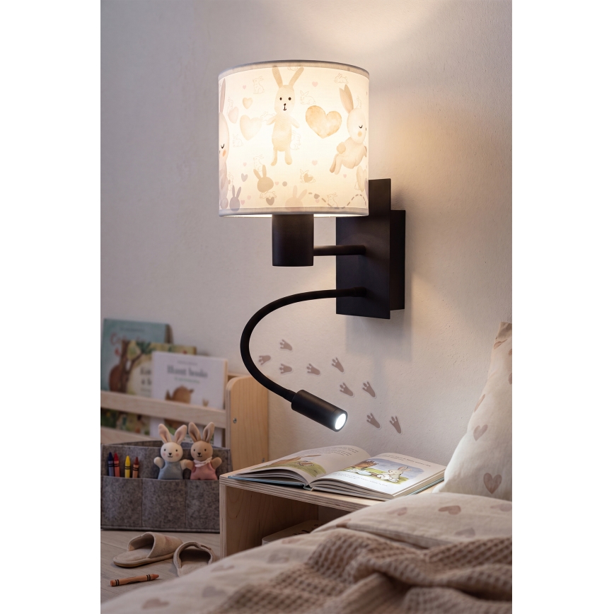 Brilagi - BOBO Verstellbare LED-Kinder-Wandleuchte 1xE27/25W/230V + LED/3W schwarz/weiß, mit Häschen
