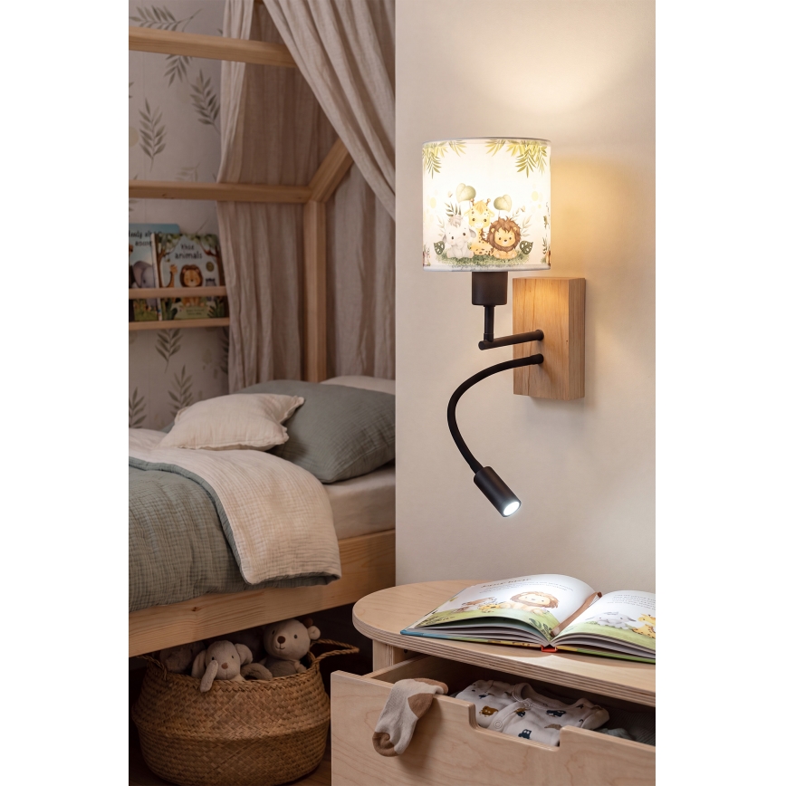 Brilagi - flexible LED-Kinder-Wandleuchte BOBO WOOD 1xE27/25W/230V + LED/3W Eiche/schwarz/weiß/grün/Dschungel