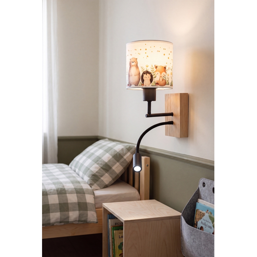 Brilagi - Flexible LED-Kinder-Wandleuchte BOBO WOOD 1xE27/25W/230V + LED/3W Eiche/schwarz/weiß/Tiermotive
