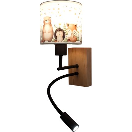 Brilagi - Flexible LED-Kinder-Wandleuchte BOBO WOOD 1xE27/25W/230V + LED/3W Eiche/schwarz/weiß/Tiermotive