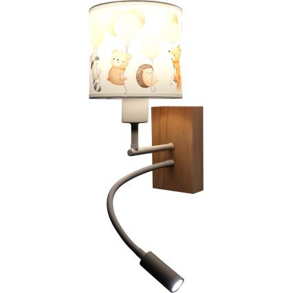 Brilagi - Flexible LED-Kinder-Wandleuchte BOBO WOOD 1xE27/25W/230V + LED/3W Eiche/weiß/Tiermotive