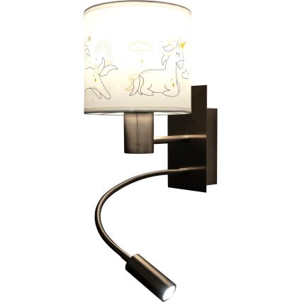 Brilagi - LED Kinder-Wandleuchte BOBO, flexibel, 1x E27/25W/230V + LED 3W, mattchrom/weiß mit Einhorn-Motiv