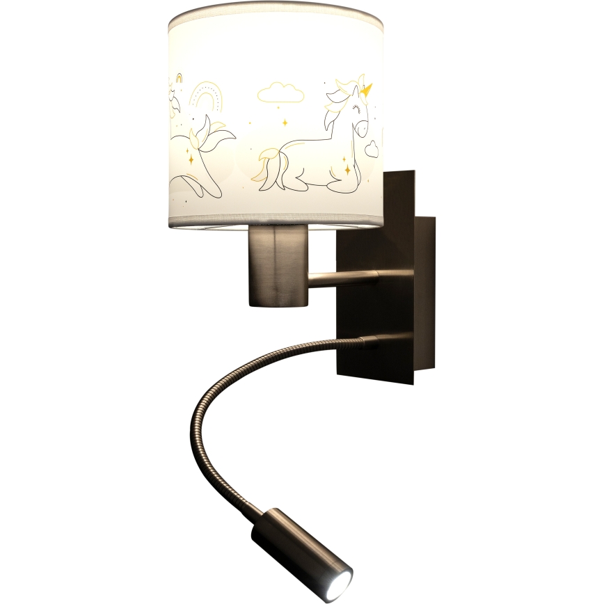 Brilagi - LED Kinder-Wandleuchte BOBO, flexibel, 1x E27/25W/230V + LED 3W, mattchrom/weiß mit Einhorn-Motiv