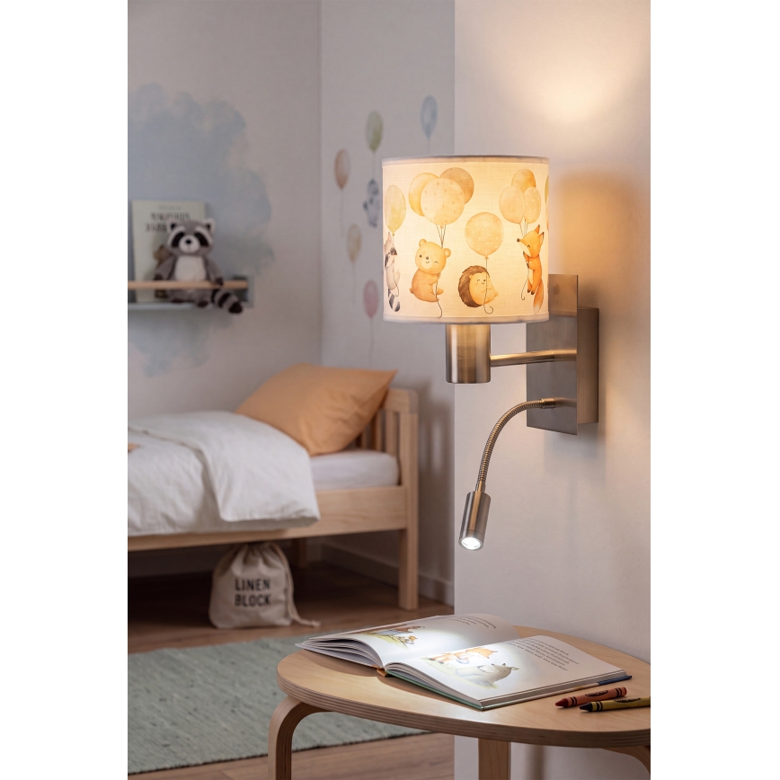 Brilagi - LED flexible Kinder-Wandleuchte BOBO 1xE27/25W/230V + LED/3W mattchrom/weiß/Tiermotive