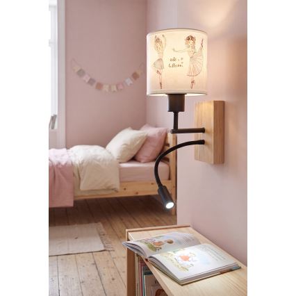 Brilagi - flexible LED-Kinder-Wandleuchte BOBO WOOD 1xE27/25W/230V + LED/3W Eiche/schwarz/weiß/rosa/Ballerina-Motiv
