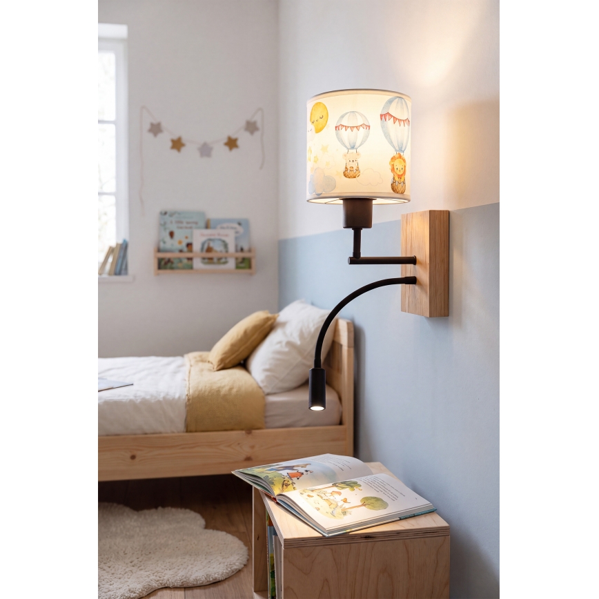 Brilagi - LED-flexible Kinder-Wandleuchte BOBO WOOD 1xE27/25W/230V + LED/3W Eiche/Schwarz/Weiß/Tiermotive