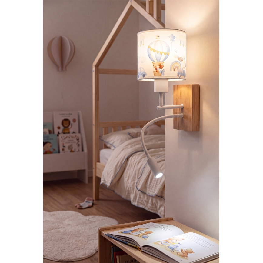 Brilagi - LED Flexible Kinder-Wandleuchte BOBO WOOD 1xE27/25W/230V + LED/3W Eiche/weiß/blau/Teddybär-Motiv