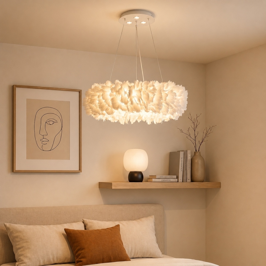 Brilagi - LED-Hängeleuchte an Stahlseil FEATHER 3x E27/40W/230V + 3x LED/3W, Ø 40 cm, weiß