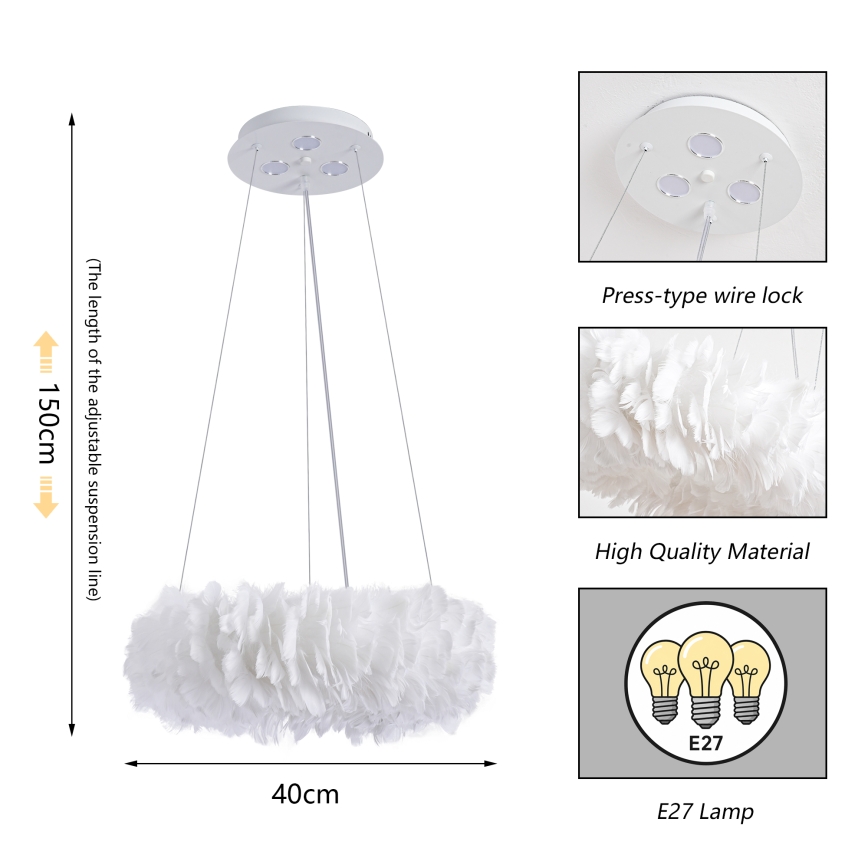 Brilagi - LED-Hängeleuchte an Stahlseil FEATHER 3x E27/40W/230V + 3x LED/3W, Ø 40 cm, weiß