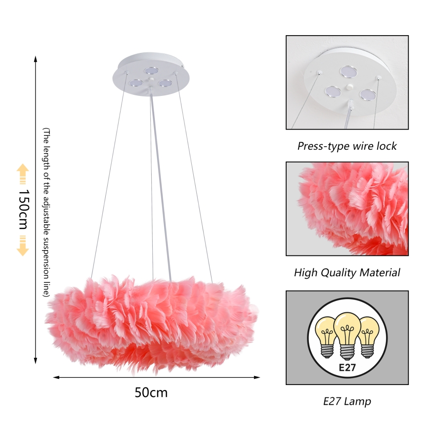 Brilagi - LED-Hängeleuchte FEATHER mit Kabelaufhängung, 3x E27/40W/230V + 3x LED/3W, Ø 50 cm, rosa