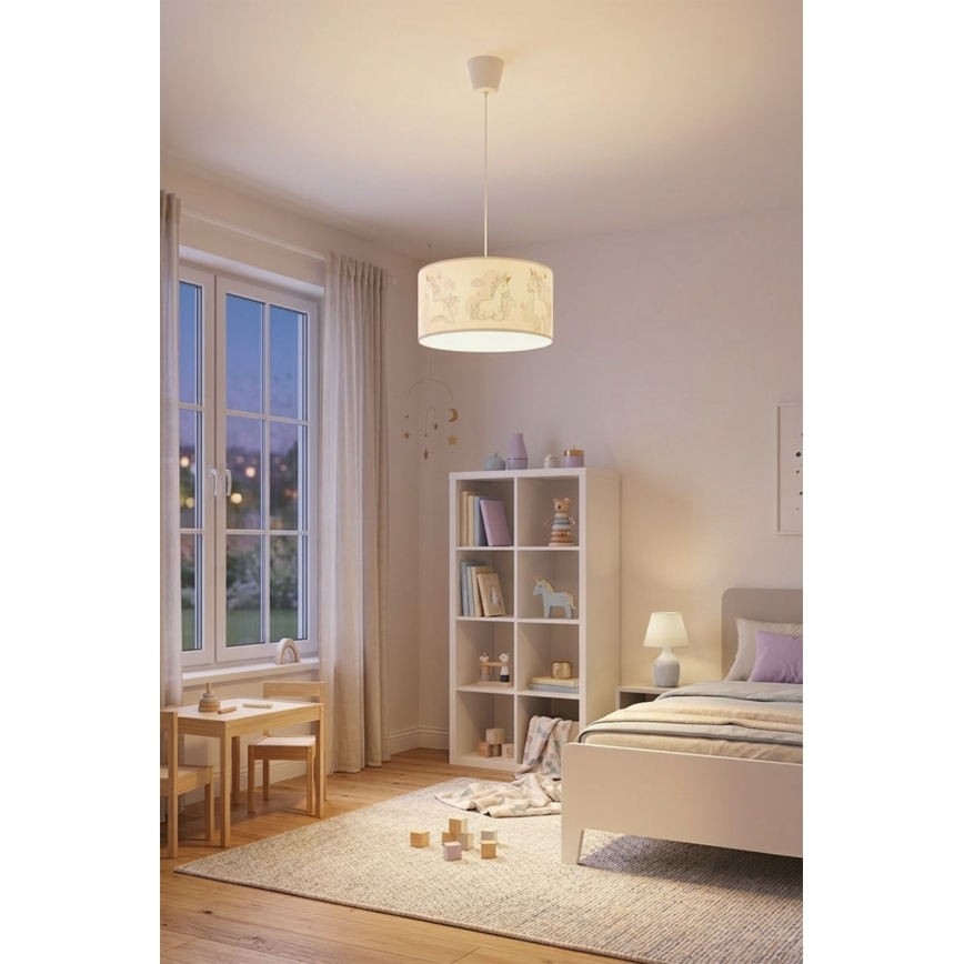 Brilagi - LED-Kinder-Pendelleuchte an Kabel BOBO 1xE27/60W/230V Ø 35 cm weiß/Einhörner