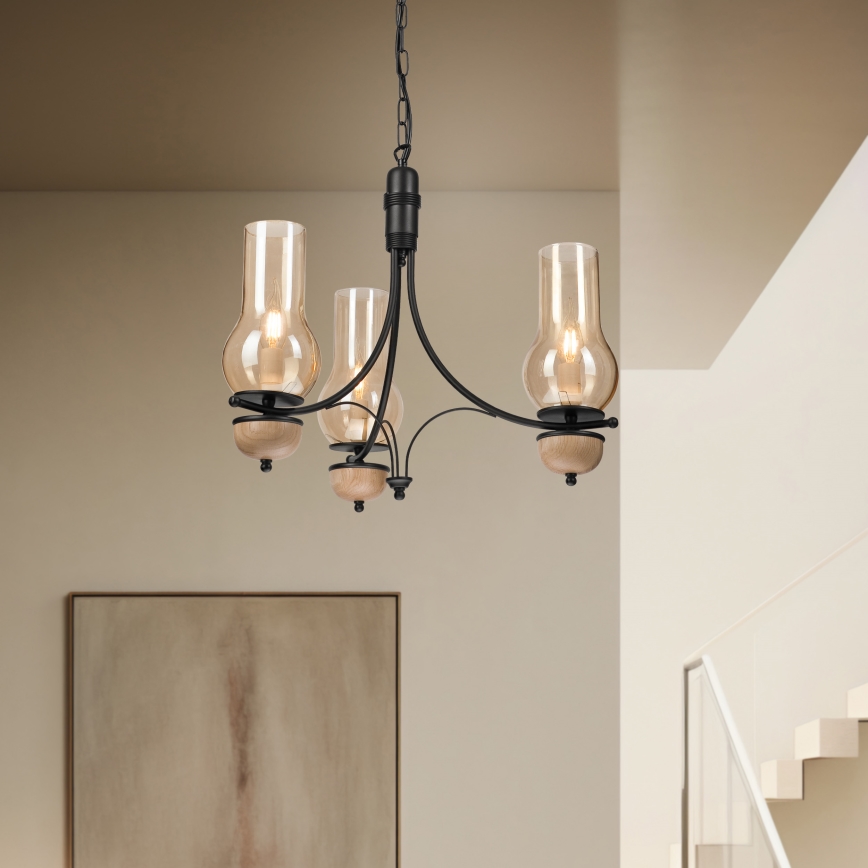 Brilagi - LED-Kronleuchter an Kette COTTAGE 3xE14/40W/230V Eiche/Schwarz/rauchiges Beige