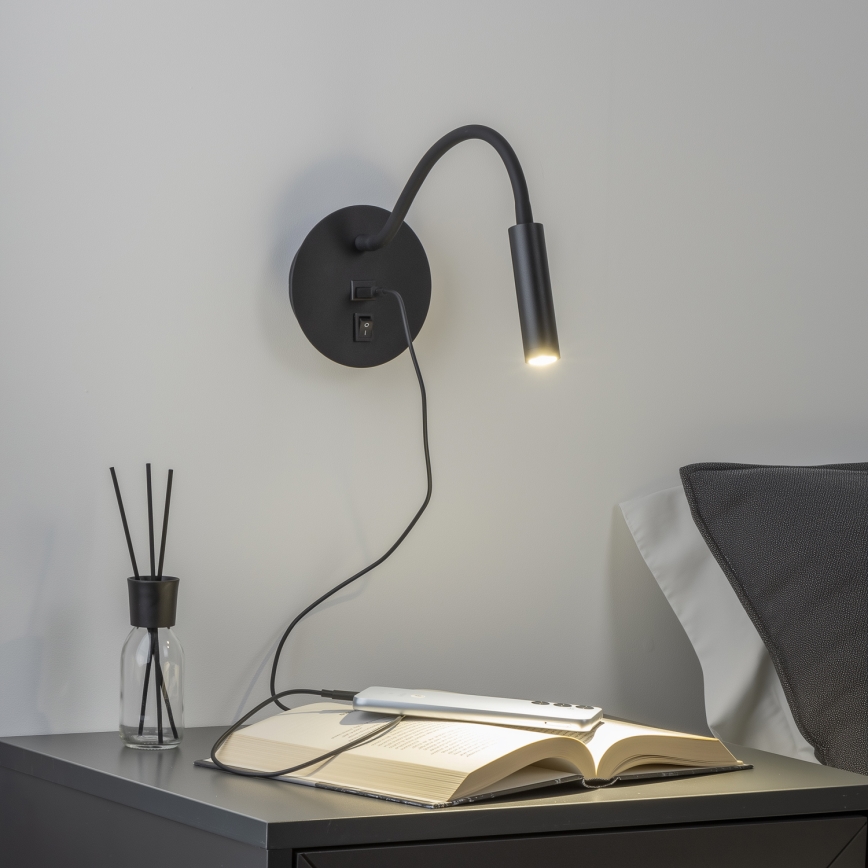 Brilagi - LED Lampada flessibile da muro con porta USB MAYA LED/3W/230V 4000K nero