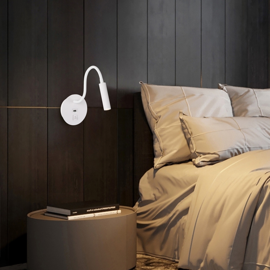 Brilagi - LED Lampada flessibile da muro con porta USB MAYA LED/3W/230V 4000K bianco