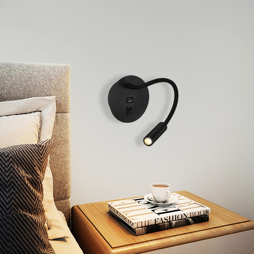 Brilagi - LED Lampada flessibile da muro con porta USB MAYA LED/3W/230V 4000K nero