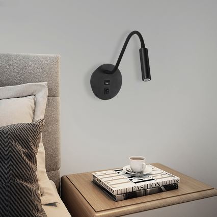 Brilagi - LED Lampada flessibile da muro con porta USB MAYA LED/3W/230V 4000K nero