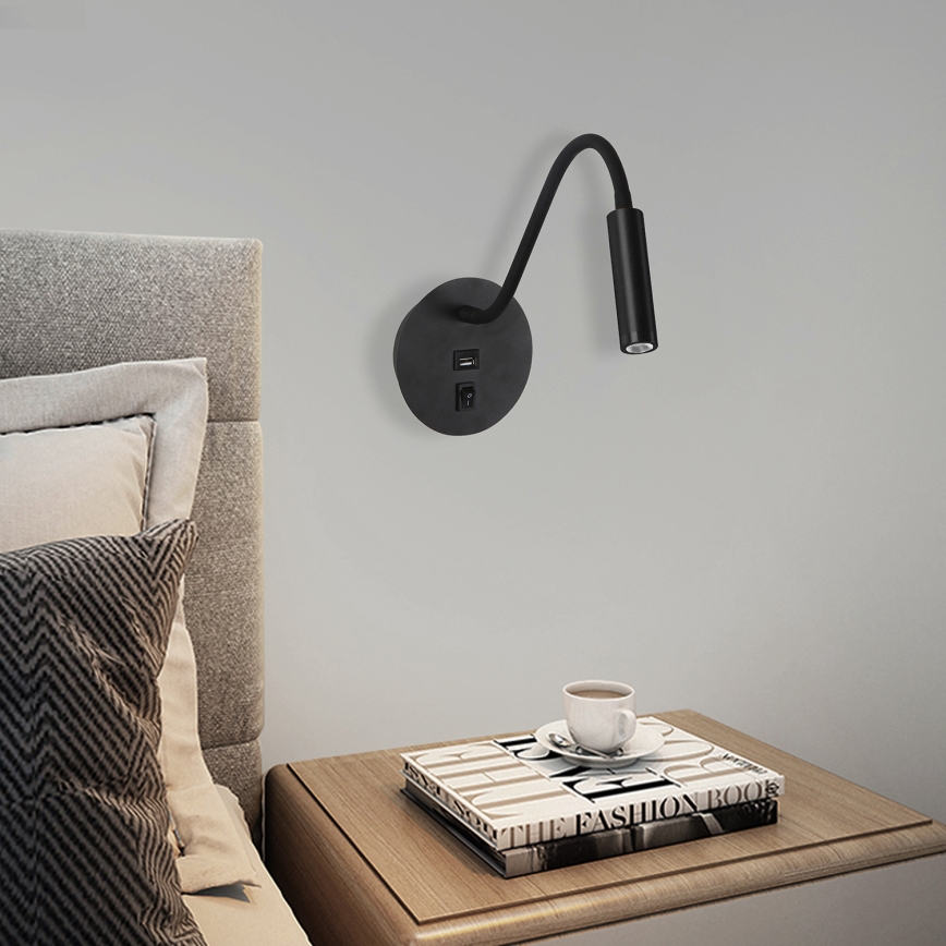 Brilagi - LED Lampada flessibile da muro con porta USB MAYA LED/3W/230V 4000K nero