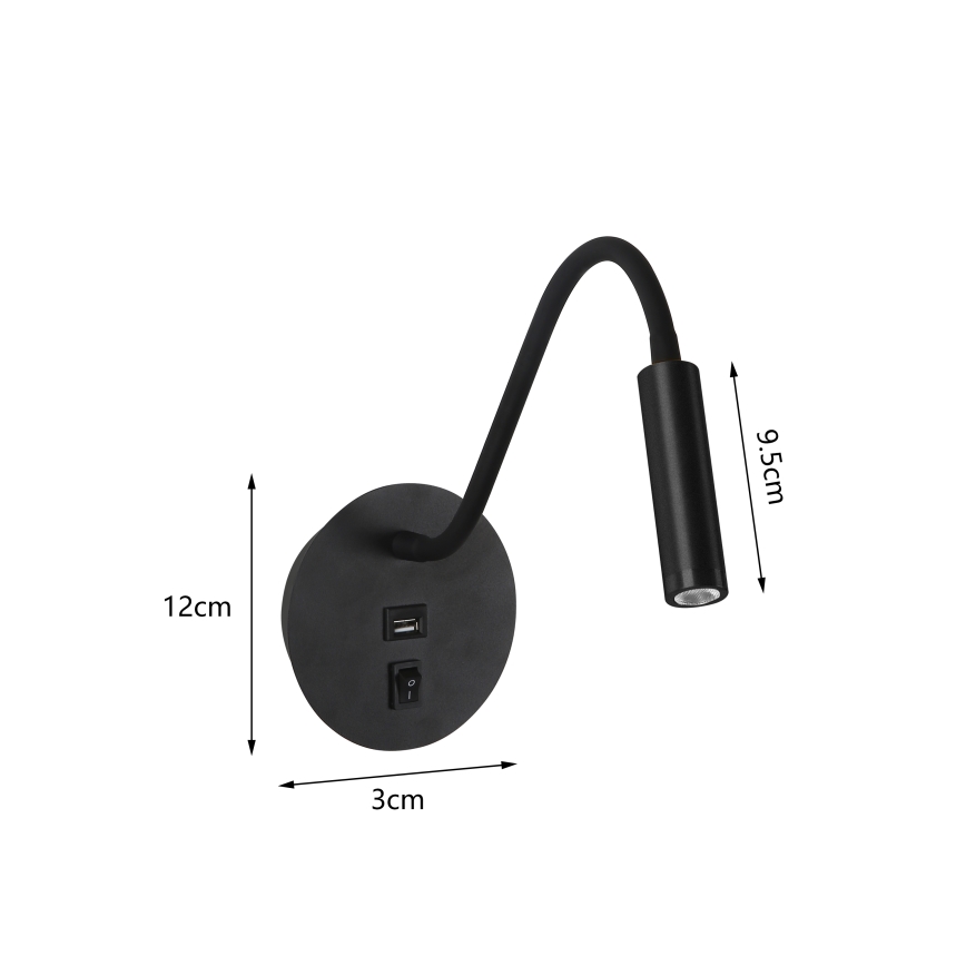 Brilagi - LED Lampada flessibile da muro con porta USB MAYA LED/3W/230V 4000K nero
