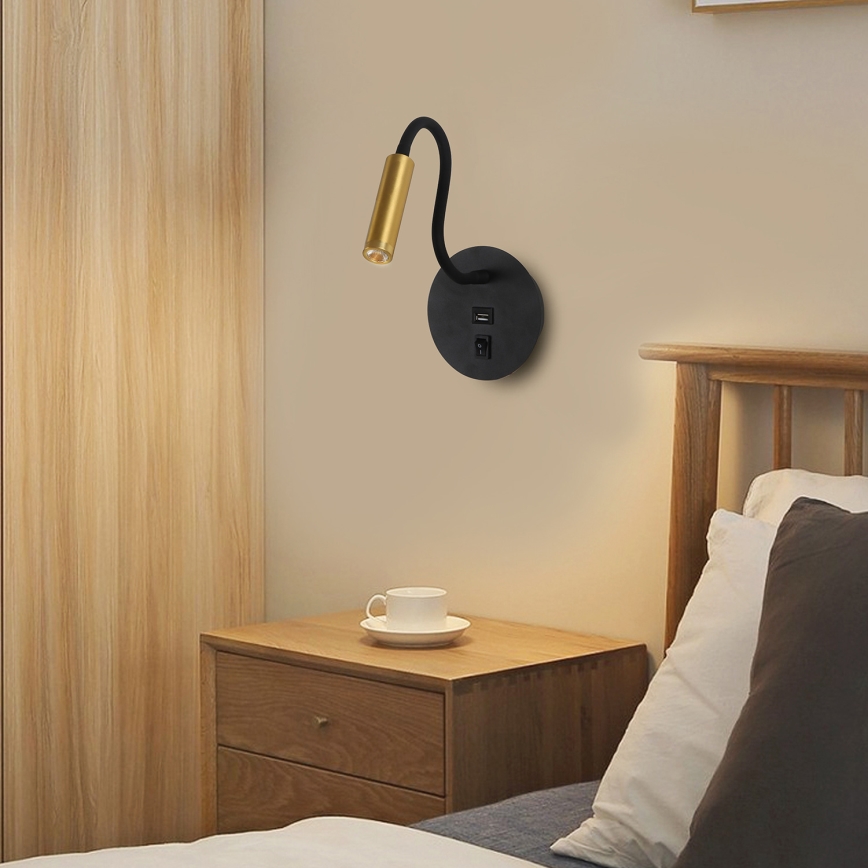 Brilagi - LED Lampada flessibile da muro con porta USB MAYA LED/3W/230V 4000K nero/oro