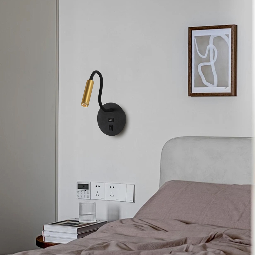 Brilagi - LED Lampada flessibile da muro con porta USB MAYA LED/3W/230V 4000K nero/oro