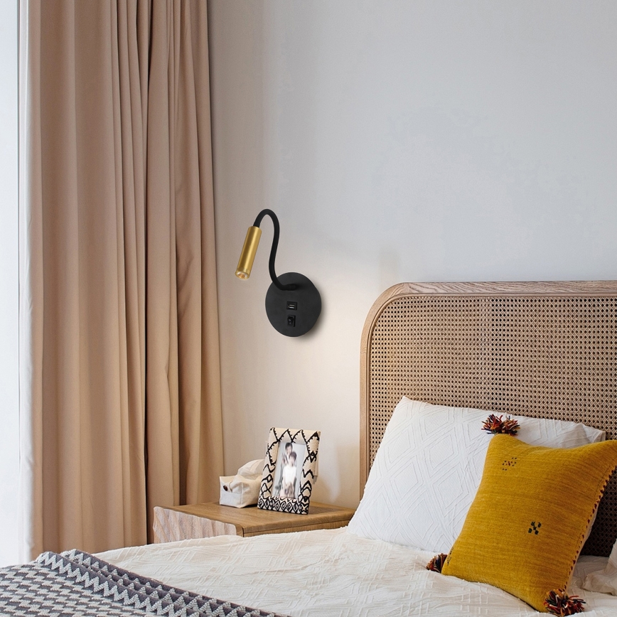 Brilagi - LED Lampada flessibile da muro con porta USB MAYA LED/3W/230V 4000K nero/oro