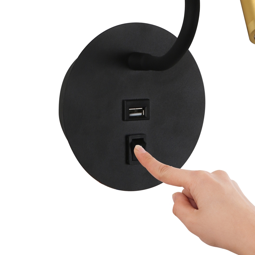 Brilagi - LED Lampada flessibile da muro con porta USB MAYA LED/3W/230V 4000K nero/oro