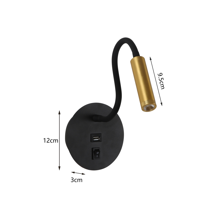 Brilagi - LED Lampada flessibile da muro con porta USB MAYA LED/3W/230V 4000K nero/oro