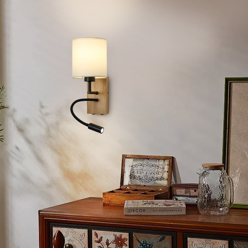 Brilagi - LED Lampada flessibile da muro NUBILA WOOD 1xE27/25W/230V + LED/3W quercia/nero/color crema