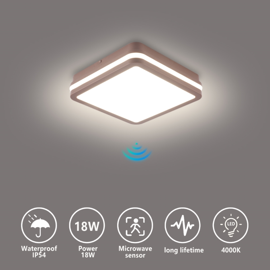 Brilagi - Plafonnier LED d'extérieur avec détecteur BENE LED/18W/230V 21,5x21,5 cm brun IP54