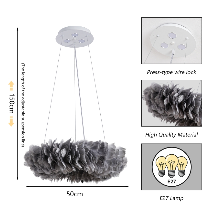 Brilagi - LED-Pendelleuchte an Kabel FEATHER 3xE27/40W/230V + 3xLED/3W Ø 50 cm grau