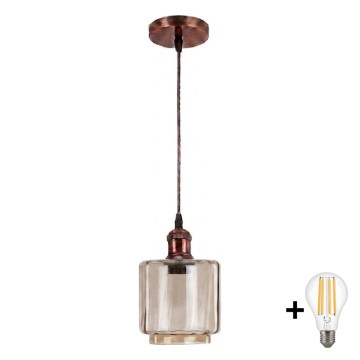Brilagi - LED-Pendelleuchte an Kabel RETRO GLASS 1xE27/60W/230V, Ø 14 cm, kupferfarben/rauchbeige