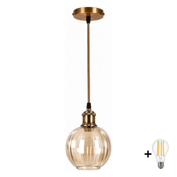 BRILAGI - LED-Pendelleuchte an Kabel RETRO GLASS 1xE27/60W/230V Ø 18 cm gold/rauchbraun