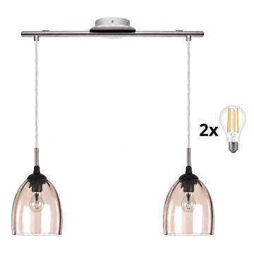 BRILAGI - LED-Pendelleuchte an Kabel RETRO GLASS 2xE27/60W/230V mattchrom/rauchiges Beige