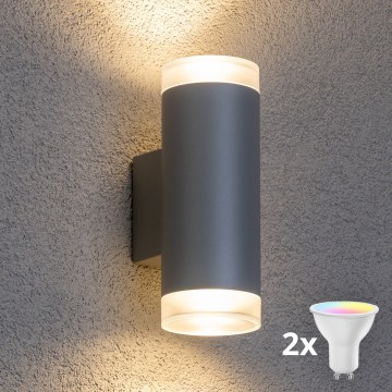 Brilagi - LED RGBW dimmbare Außen-Wandleuchte MATERA 2xGU10/6W/230V 3000K IP54 grau + Fernbedienung