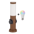 Brilagi - LED RGBW, dimmbare Außenleuchte mit 2 Steckdosen, 1xE27/15W/230V, 2700-6500K, IP44, 40 cm, braun