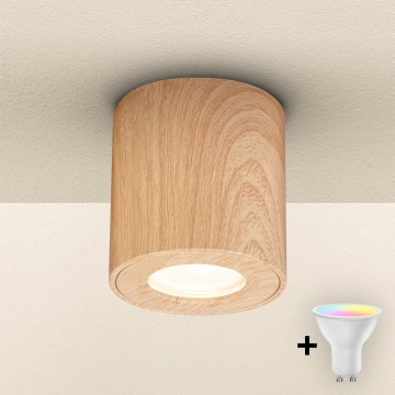 Brilagi - LED RGBW dimmbare Badezimmerleuchte MIA 1xGU10/6W/230V 3000K 84x80 mm Eichen-Dekor IP44 + Fernbedienung
