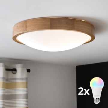 Brilagi - LED RGBW dimmbare Deckenleuchte CARVALHO SLIM 2xE27/15W/230V 2700-6500K Wi-Fi Eiche Ø 37 cm