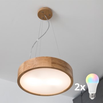 Brilagi - LED RGBW dimmbare Pendelleuchte CARVALHO 2xE27/15W/230V 2700–6500K Wi-Fi Eiche Ø 37 cm