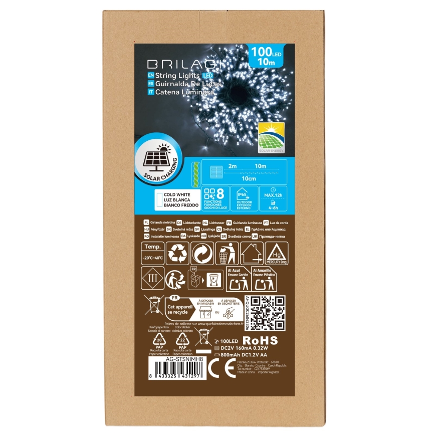 BRILAGI - LED-Solar-Weihnachts-Lichterkette 100 LEDs / 8 Funktionen, 12 m, 800 mAh, IP65, kaltweiß