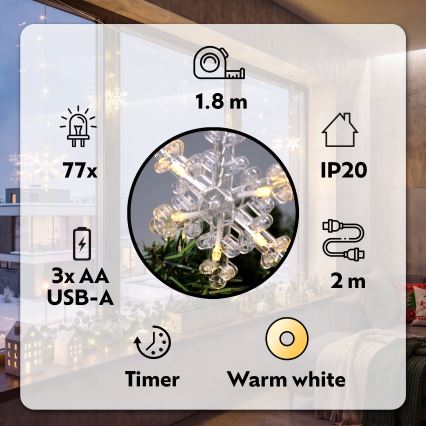 BRILAGI - LED-Weihnachts-Lichtervorhang 77xLED/3xAA/USB, 3,8 m, Schneeflocken, warmweiß