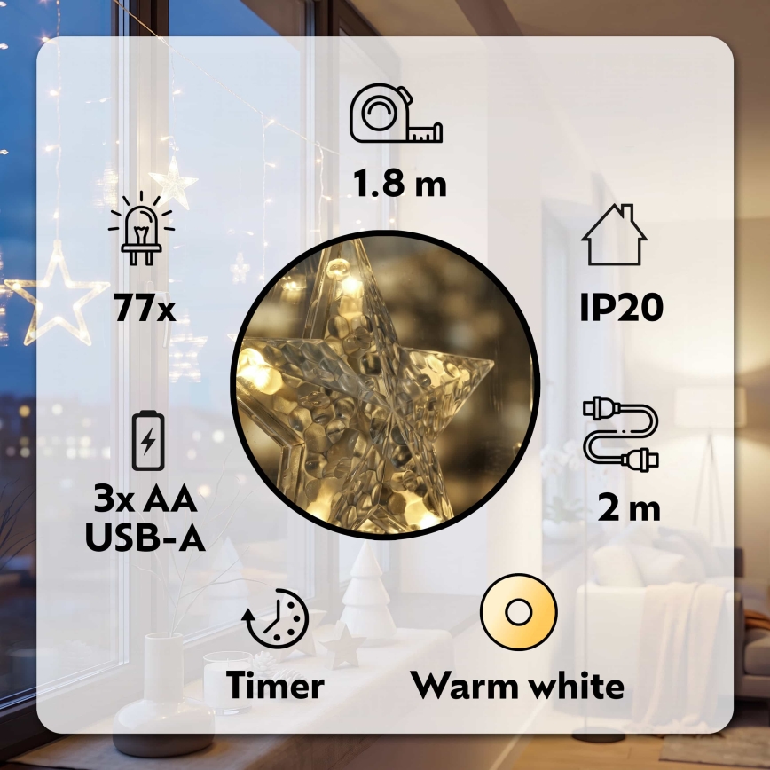 BRILAGI - LED-Weihnachtslichtervorhang 77xLED/3xAA/USB 1,8m warmweiß