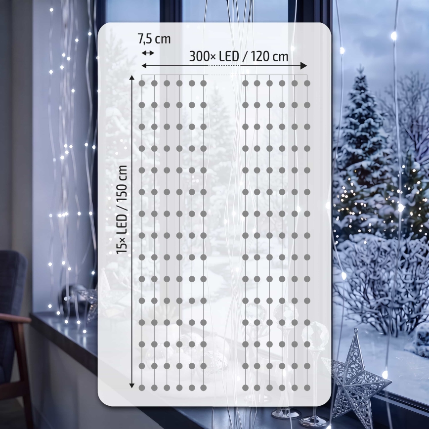 BRILAGI - LED Weihnachtsvorhang 300xLED/8 Funktionen/3xAA/USB 1,2m kaltweiß