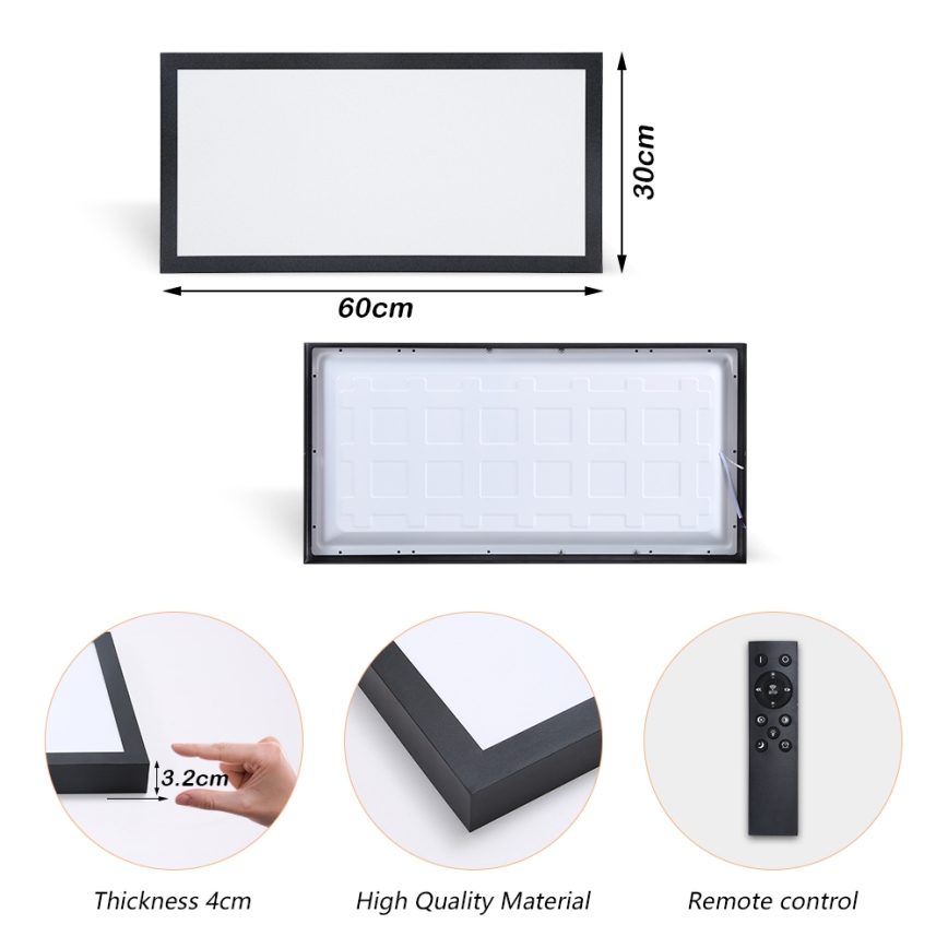Brilagi - Plafonnier à intensité variable salle de bain FRAME SMART LED/30W/230V 30x60 cm 3000-6000K  IP44 noir  + Télécommande