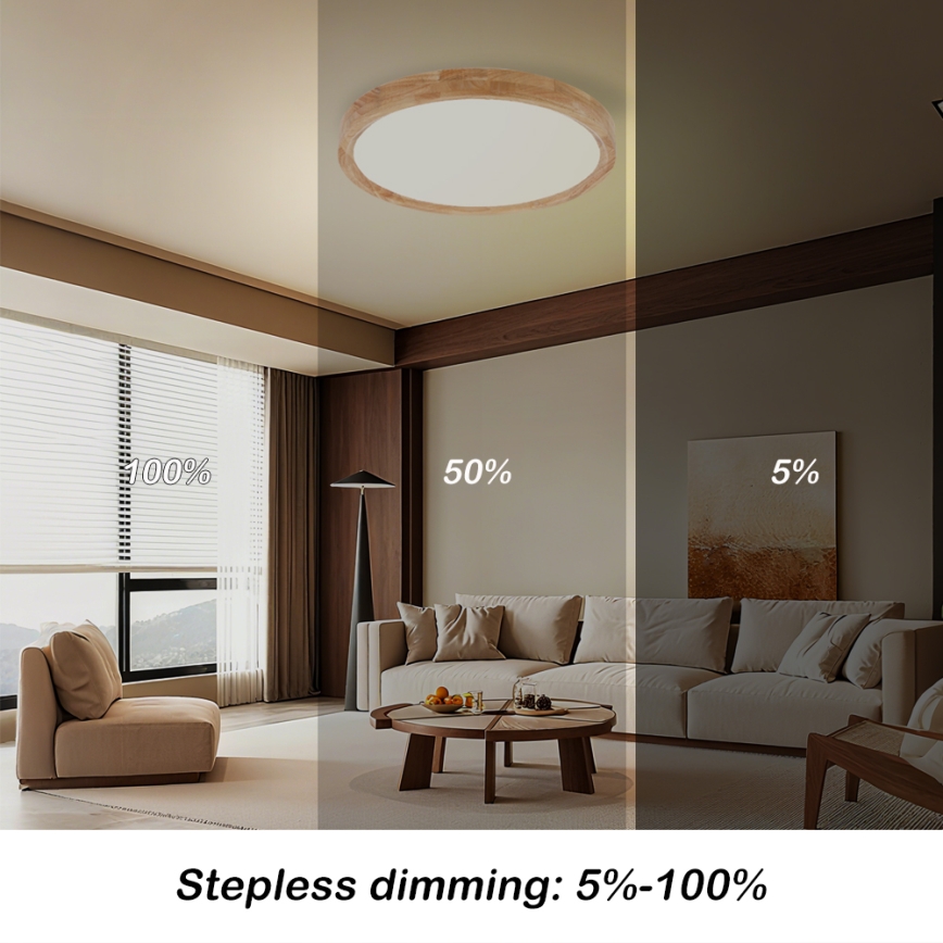 Brilagi - Plafonnier LED dimmable WOODROUND, 30 W, 230 V, 3000–6000 K, Ø 40 cm, finition bois, IRC 90 + télécommande