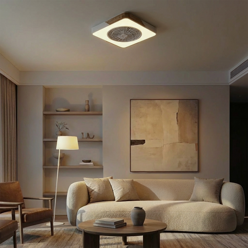 Brilagi - Plafonnier LED dimmable avec ventilateur LED/38W/230V 3000-6500K 50x50 cm blanc/chêne + télécommande