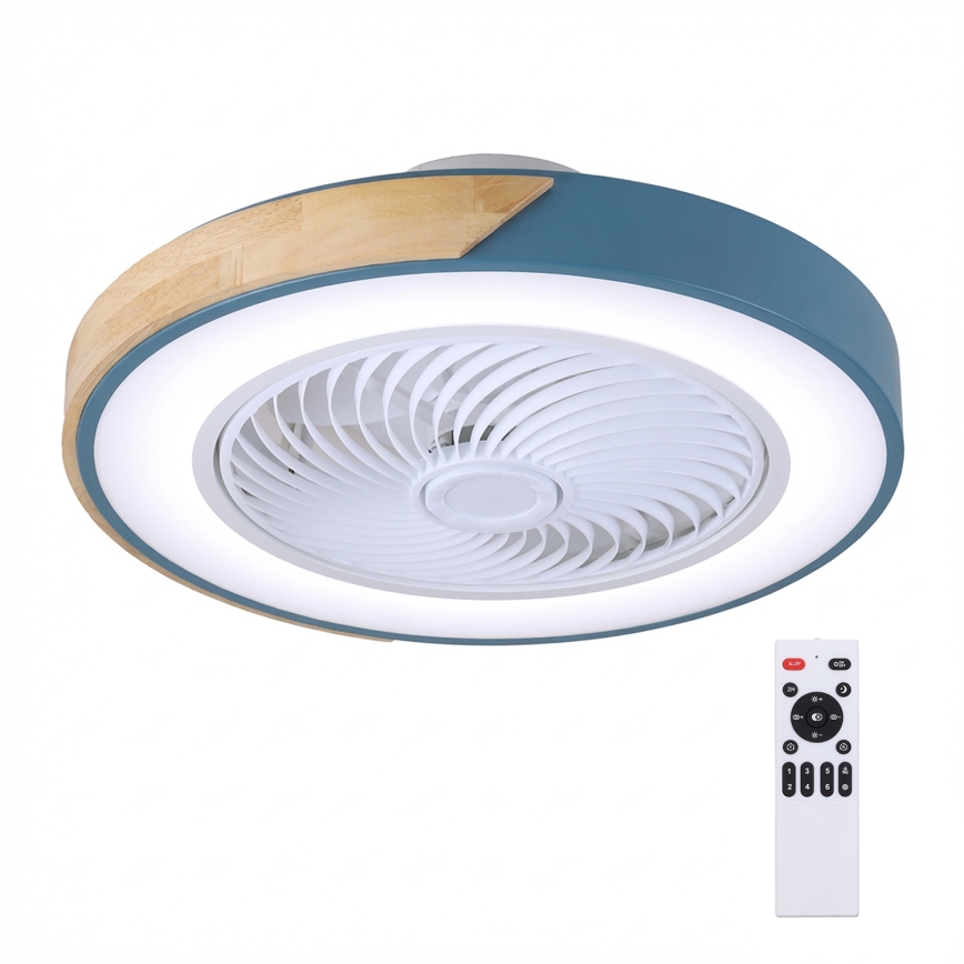 Brilagi - Plafonnier LED dimmable avec ventilateur, 38 W/230 V, 3000–6500 K, diam. 50 cm, bleu/chêne + télécommande