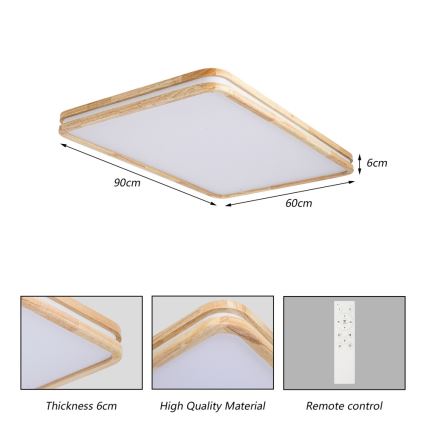 Brilagi - Plafonnier LED dimmable MOLINA SQUARE LED/128W/230V 3000-6000K chêne 90x60 cm + télécommande