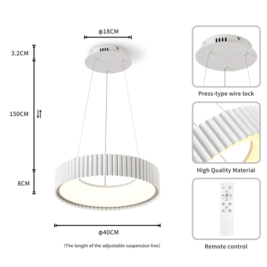 Brilagi - Suspension dimmable sur câble FALCON MODERN LED/30W/230V 3000–6000 K Ø 40 cm blanche + télécommande